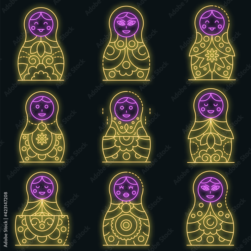 Poster nesting doll icons set. outline set of nesting doll vector icons neon color on black