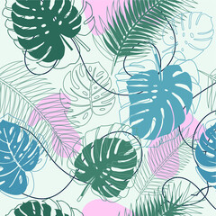 Seamless pattern of large leaves of monstera and palms