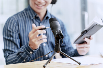 Podcast radio host recoding live broadcasting stream entertainment.