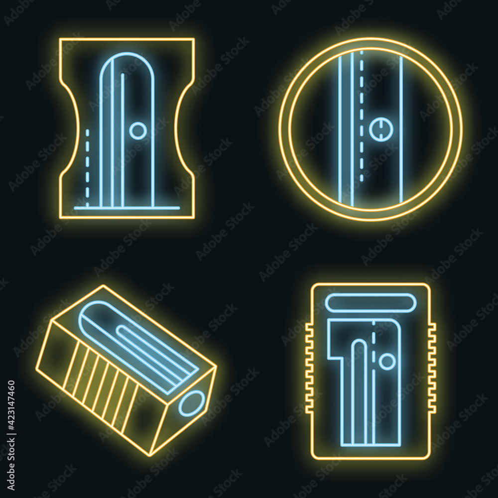 Poster sharpener icons set. outline set of sharpener vector icons neon color on black