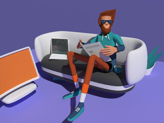 3d illustration, concept of modern young man working remotely. Develops his business at home.