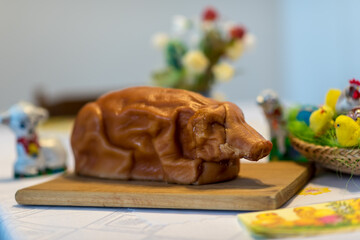 Easter traditional food. Smoked pork meat. Pig. Creative concept.