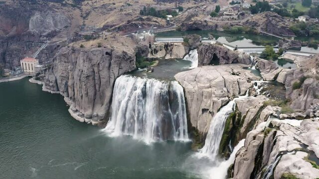 Shoshone Falls With Lower Salmon Falls Dam On The Snake River Near Twin Falls, Idaho, USA. - aerial ascend