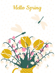Spring card Hello spring with dragonflies. Bouquet of cute lilies of the valley and tulips in a jug in trendy colors. Printing on T-shirts, decorative pillows, cups. Vector graphics.