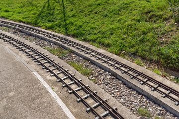 Fototapeta premium View of two scale train tracks among vegetation
