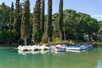 Pedal boats and rowing boats on a lake