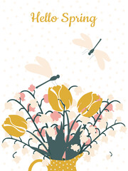 Spring card Hello spring with dragonflies. Bouquet of cute lilies of the valley and tulips in a jug in trendy colors. Printing on T-shirts, decorative pillows, cups. 