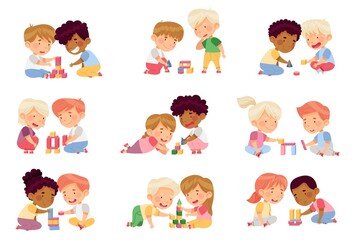 Children Sitting on the Floor in Nursery Playing Toy Blocks Vector Set