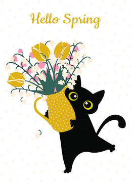 Spring card "Hello Spring". Black funny cat with a bouquet of cute lilies of the valley and tulips in a jug in trendy colors for printing on T-shirts, decorative pillows, cups. Vector illustration.