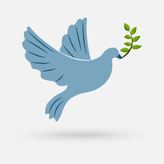 Fototapeta premium Peace dove flying with a green twig olive after flood on white background. simple modern icon design illustration.