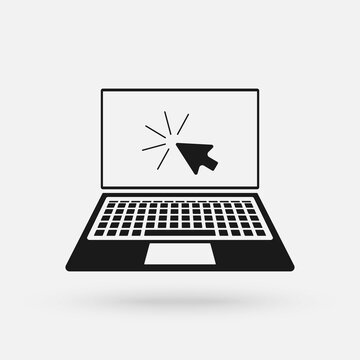 Click the laptop, notebook and cursor icon. illustration. Pictogram isolated on white background.