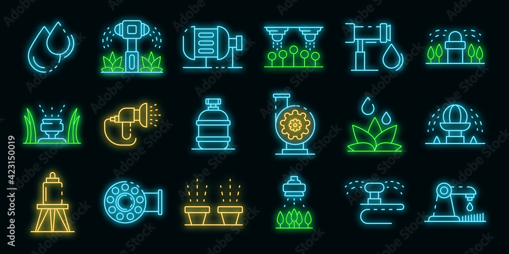 Poster irrigation system icons set. outline set of irrigation system vector icons neon color on black