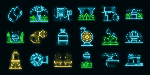 Irrigation system icons set. Outline set of irrigation system vector icons neon color on black