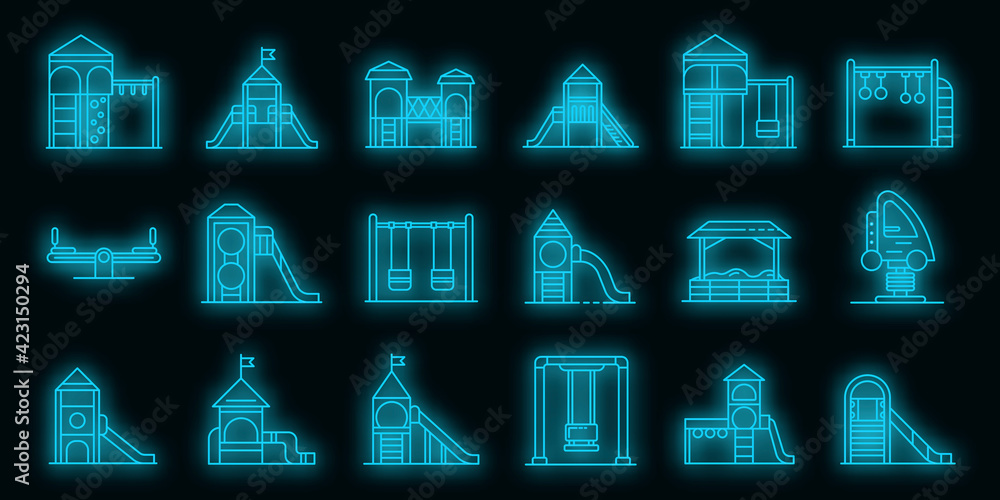 Poster kid playground icons set. outline set of kid playground vector icons neon color on black