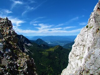 View of Austrian region of Carinthia with the Drau river and hill and mountains behind