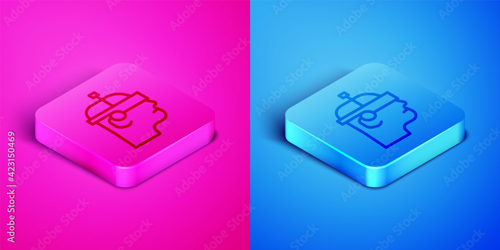 Poster isometric line smart glasses mounted on spectacles icon isolated on pink and blue background. wearab