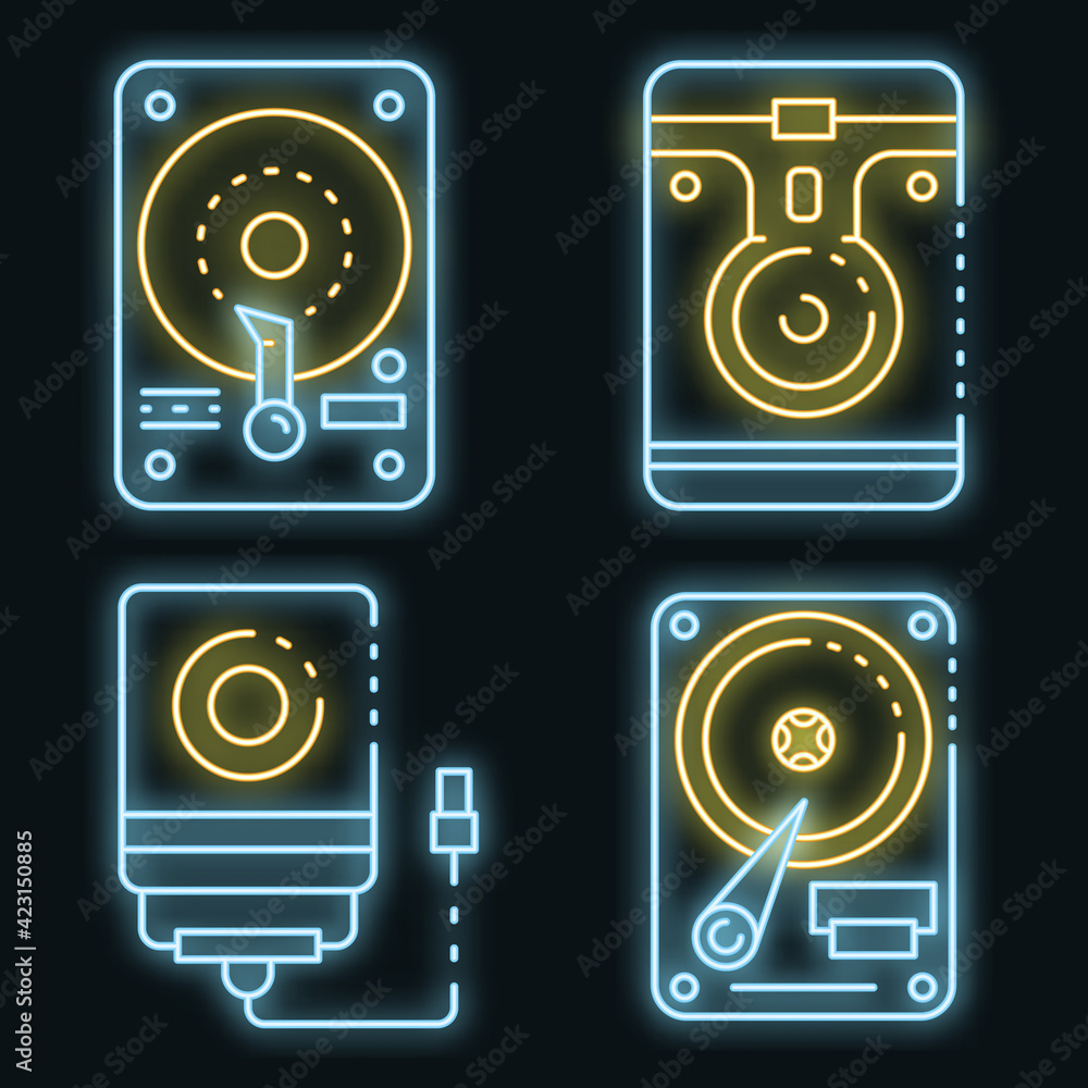 Poster hard disk icons set. outline set of hard disk vector icons neon color on black