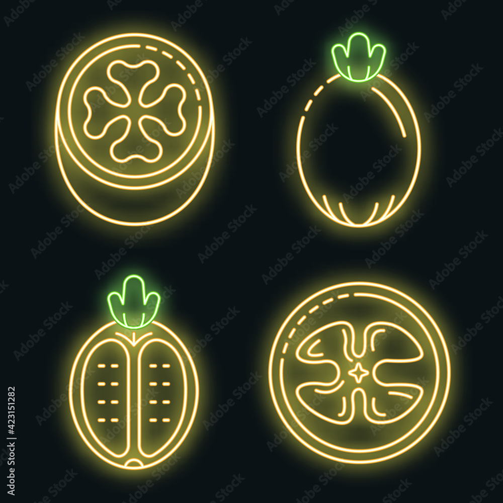 Poster feijoa icons set. outline set of feijoa vector icons neon color on black