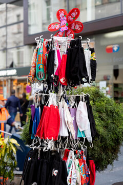 Belgrade, Serbia - March ,2021: Handmade Fabric Masks Of Different Colors And Patterns Sold On The Streets Of Belgrade. Corona Virus Protection