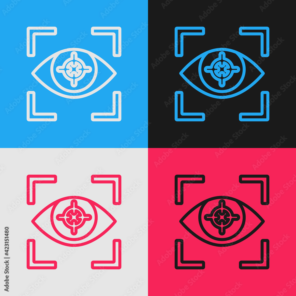 Poster pop art line eye scan icon isolated on color background. scanning eye. security check symbol. cyber 