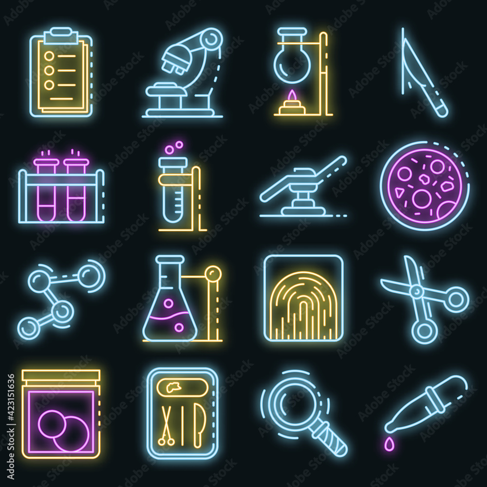 Poster forensic laboratory icons set. outline set of forensic laboratory vector icons neon color on black