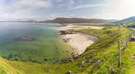 Scenic view of the Seilebost beach on West Harris. Summer season on the Outer Hebrides.