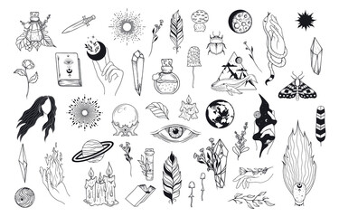 Big Witchcraft set with celestial hands, witch elements, evil eye, feathers, candles, mushrooms, crystals. Vector isolated mystical illustration.