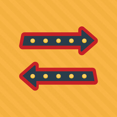 Retro sign. Glowing arrow. Red arrow pointer on a yellow background. American style. Vector illustration. 
