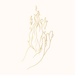 Golden Witch hand holding fire. Gold Mystical Witchcraft illustration Vector isolated celestial icon.