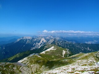Fototapeta na wymiar View of mountain Vogel and other peak in Julian alps and Triglav national park, Slovenia