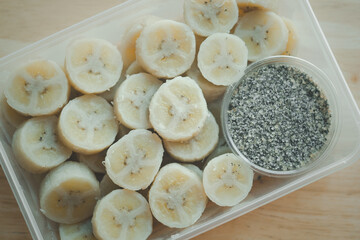 Delicious boiled banana are traditional food in box