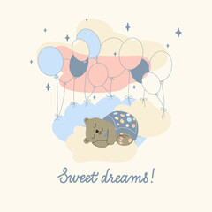 baby shower card. Vector illustration of a sleeping bear cub. Suitable for greeting cards, invitations, textiles