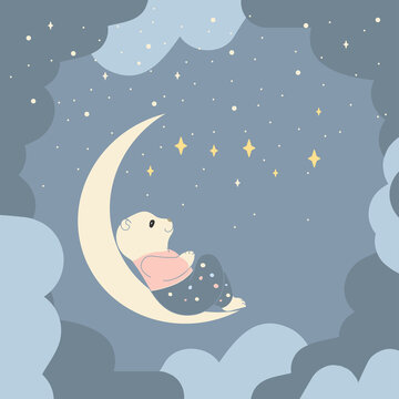 Polar bear sleeping on the moon.  Vector illustration of a sleeping bear cub. Suitable for greeting cards, invitations, textiles