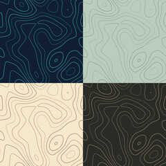 Topography patterns. Seamless elevation map tiles. Beautiful isoline background. Authentic tileable patterns. Vector illustration.