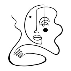 One line drawing face. Contemporary Matisse inspired art print. Modern minimalism, aesthetic contour. Beautiful abstract woman portrait minimalist style. Continuous line vector illustration - 423153617