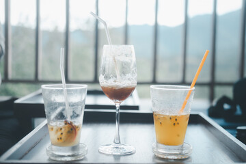 Many of empty summer drink after drink on wood table