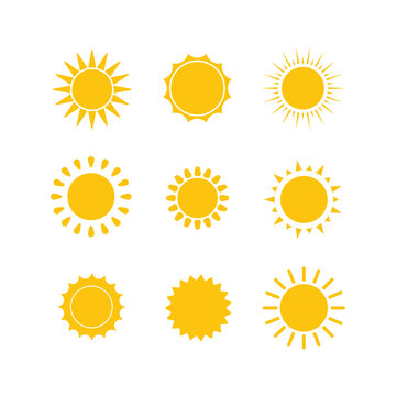 Sun icon set. Yellow sun icons collection. Summer, sunlight sky. Vector illustration isolated on white background.