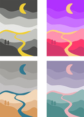 Fototapeta na wymiar Abstract landscape colorful background. River, hills art poster set of illustration