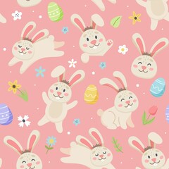 Easter bunny pattern with cute flowers and eggs. Hand drawn flat cartoon elements. Vector illustration