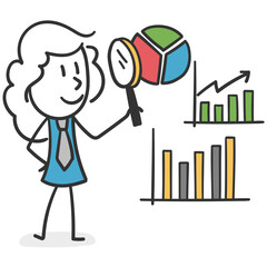 Stick girl with magnifying glass examining statistics. Talented business girl concept analyzing work strategy results