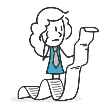 Stick girl reading endless report. Concept of business girl with bad expectations of result