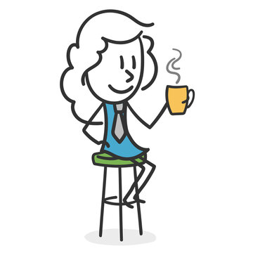 Stick girl having a coffee. Concept of business girl enjoying a hot drink at the end of the day.