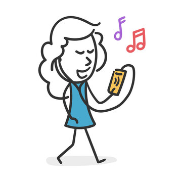 Stick girl listening to music. Concept of urban girl singing animatedly down the street