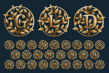 Golden tree alphabet. Vintage circle vector emblems.