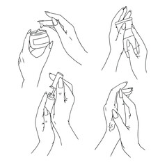 Set of Beautiful female hands with manicure. Nail polish. Hand and nail care. Hand drawn by lines. Vector illustration isolated on white background.