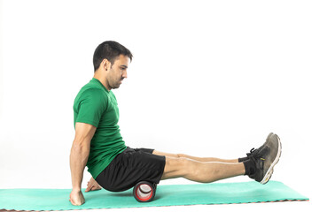 man with mobility roller hard massager white background