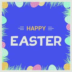 Square "Happy Easter" card with eggs and grass