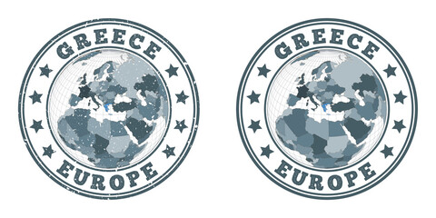 Greece round logos. Circular badges of country with map of Greece in world context. Plain and textured country stamps. Vector illustration.
