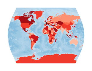 World Map. John Muir's Times projection. World in red colors with blue ocean. Vector illustration.