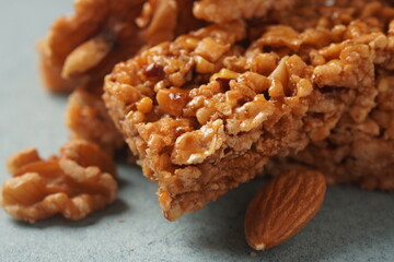 Various healthy granola bars (muesli or cereal bars). Set of energy, sport, breakfast and protein bars. Puffed rice, berries, chocolate, oatmeal, almond and honey cereal bars.